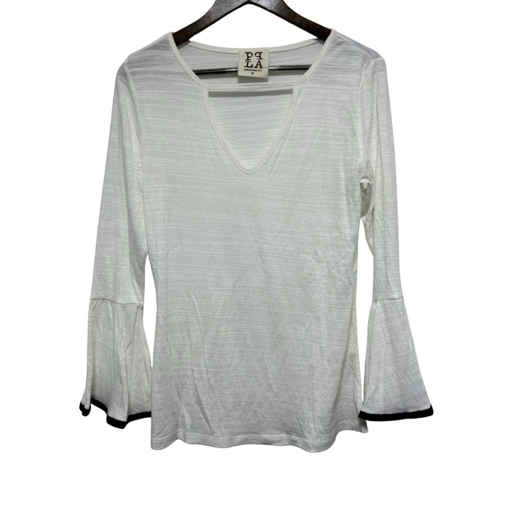 Ppla Clothing Tunic Womens M Ivory Black Flare Bell Sleeve Slub Knit Lightweight
